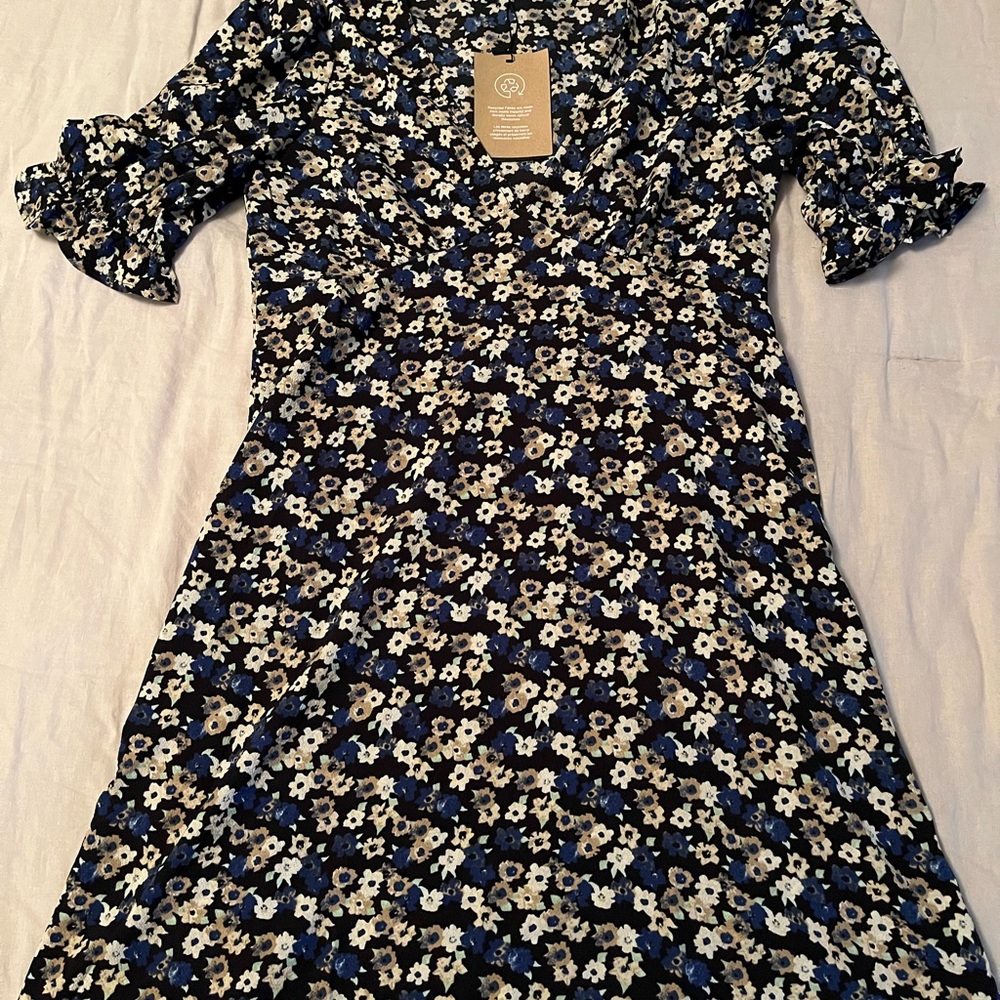 Navy Floral Dress with Puff Sleeves